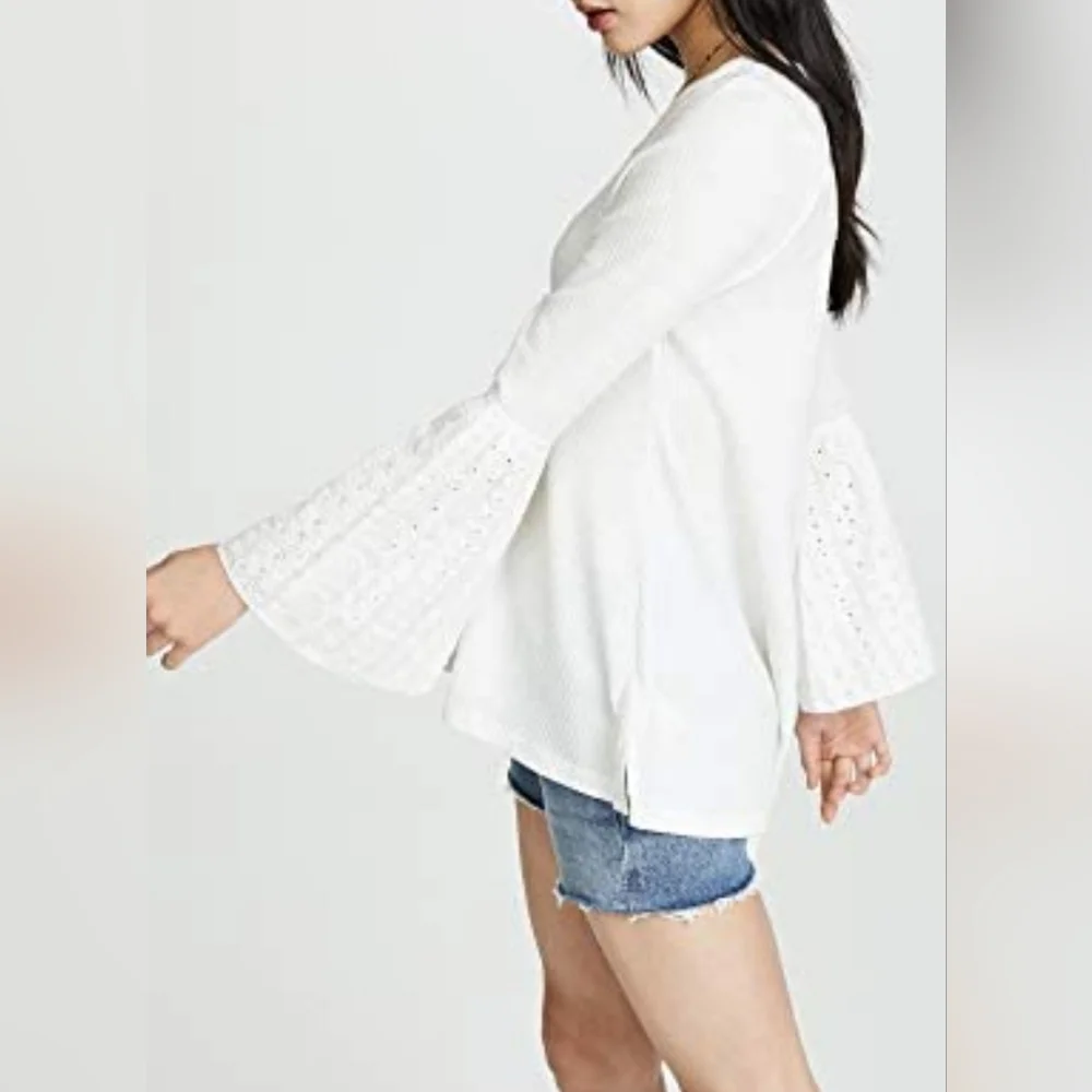 Free People Parisian Nights Bell Sleeve Eyelet Knit Long Sleeve Top sz S